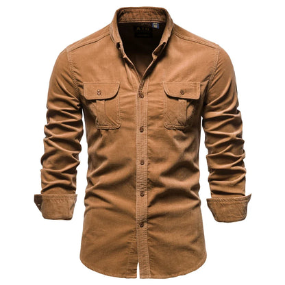 Fashion Single Breasted Cotton Men's Shirt Business Casual Fashion Solid Color Corduroy Men Shirts Autumn Slim Shirt Men