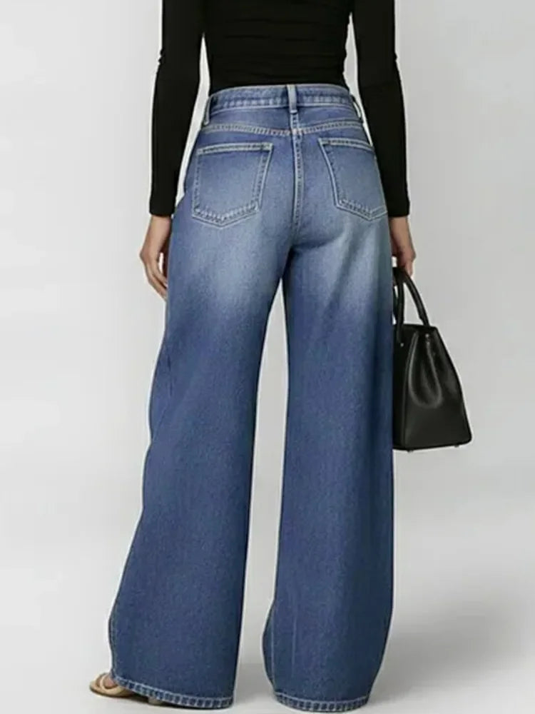 Missuoo Women's 2026 New Washed Blue High-Waist Metal Grommet Wide Leg Jeans, Casual Loose Fit Streetwear Pants for Daily Wear