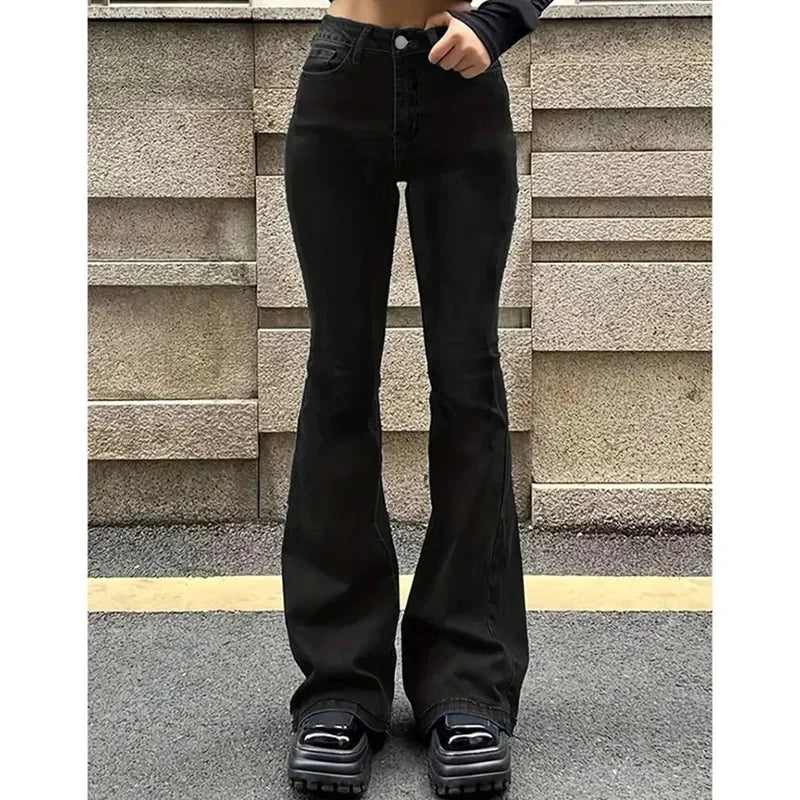 Girls Concise Ins High Waist Flared Jeans Female Stretchy Bootcut Denim Pants Women Solid Color Thin Bell Bottoms Trousers