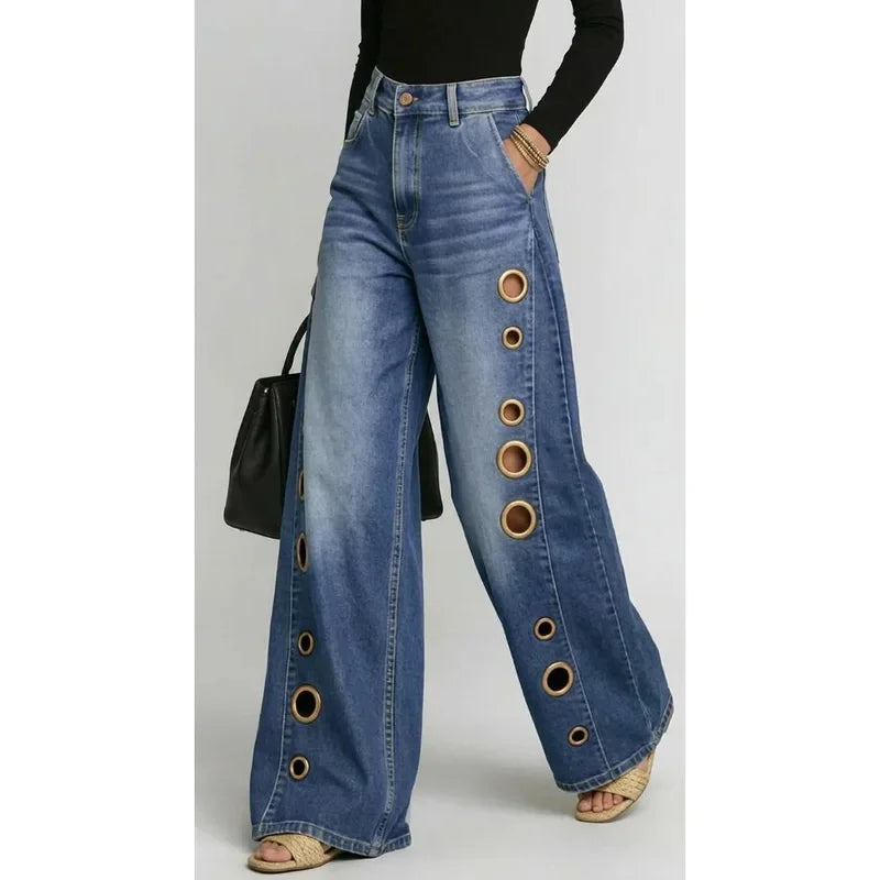 Missuoo Women's 2026 New Washed Blue High-Waist Metal Grommet Wide Leg Jeans, Casual Loose Fit Streetwear Pants for Daily Wear