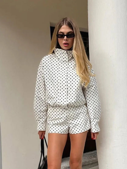 Woman Autumn Long Sleeves Turtleneck Zipper With Pockets Drawstring Casual Coats Women Fashion Polka Dot Printed Jacket