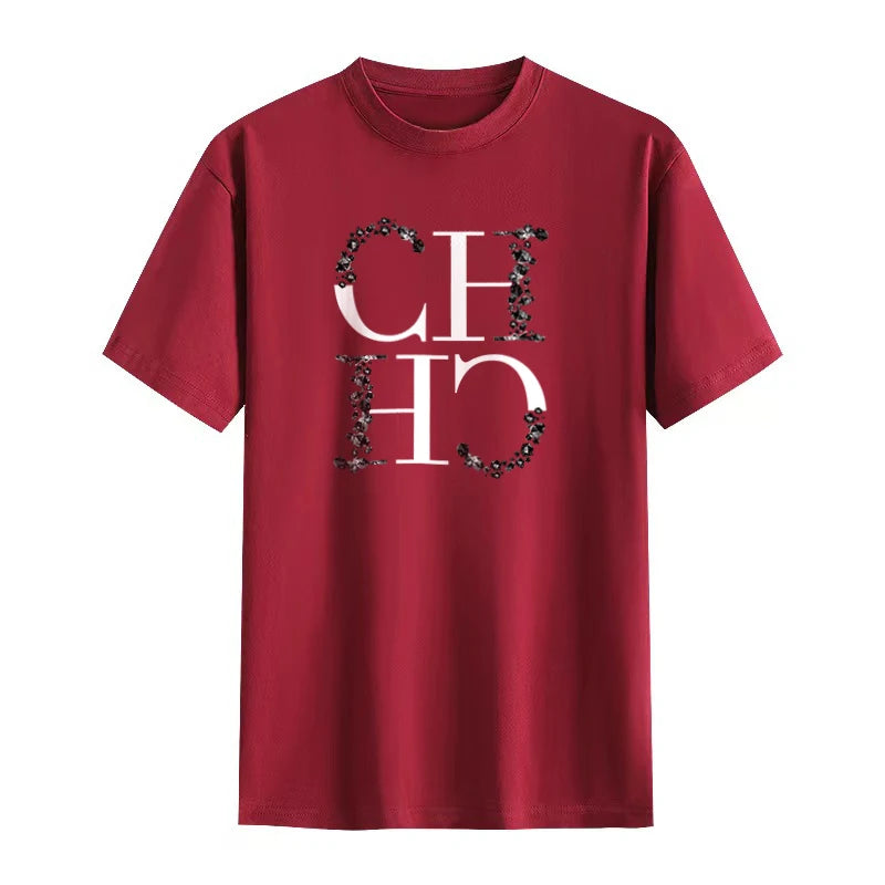 CH Letter Printed Fashionable Black T-shirt Trendy Streetwear Fashionable Men's and Women's Casual Loose Short Sleeved Top
