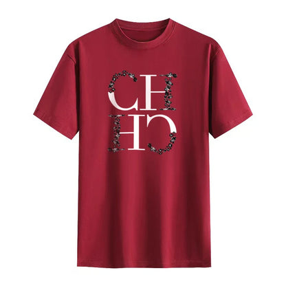 CH Letter Printed Fashionable Black T-shirt Trendy Streetwear Fashionable Men's and Women's Casual Loose Short Sleeved Top