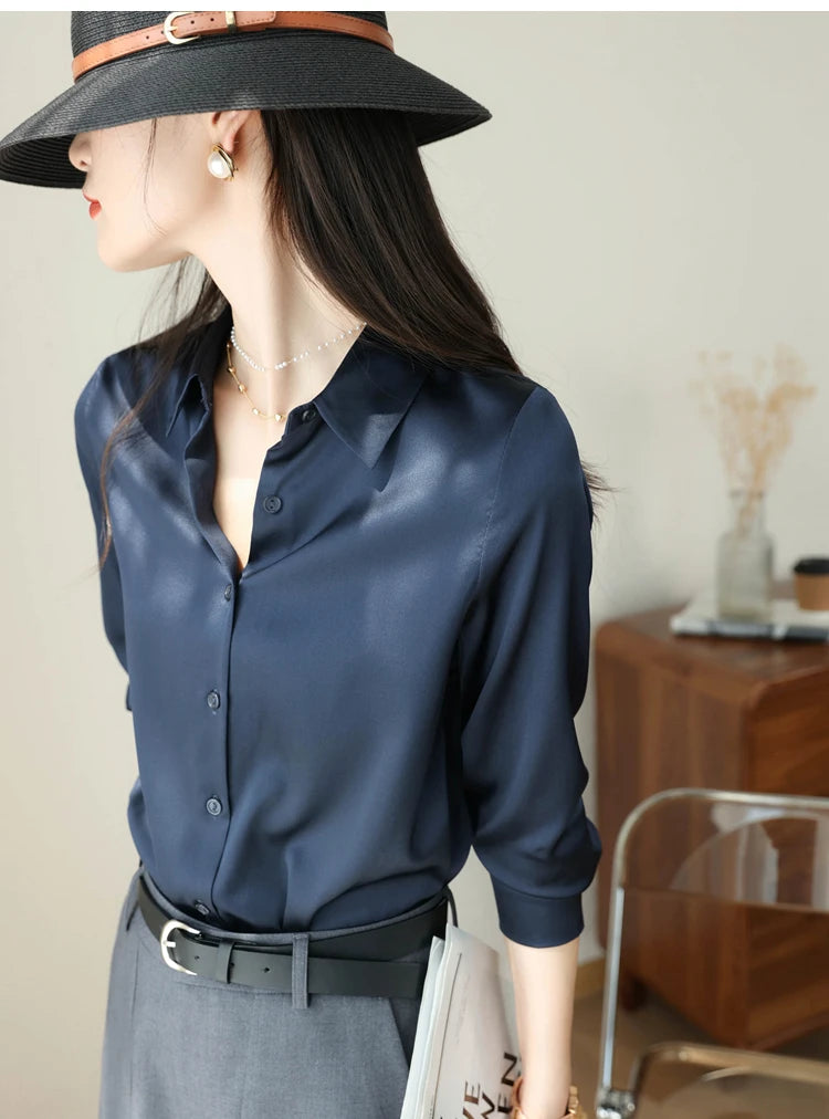 Spring Autumn Elegant Satin Women's Blouse 2026 New Long Sleeve Turn-down Collar Korean Casual Loose Office Lady Shirts Female