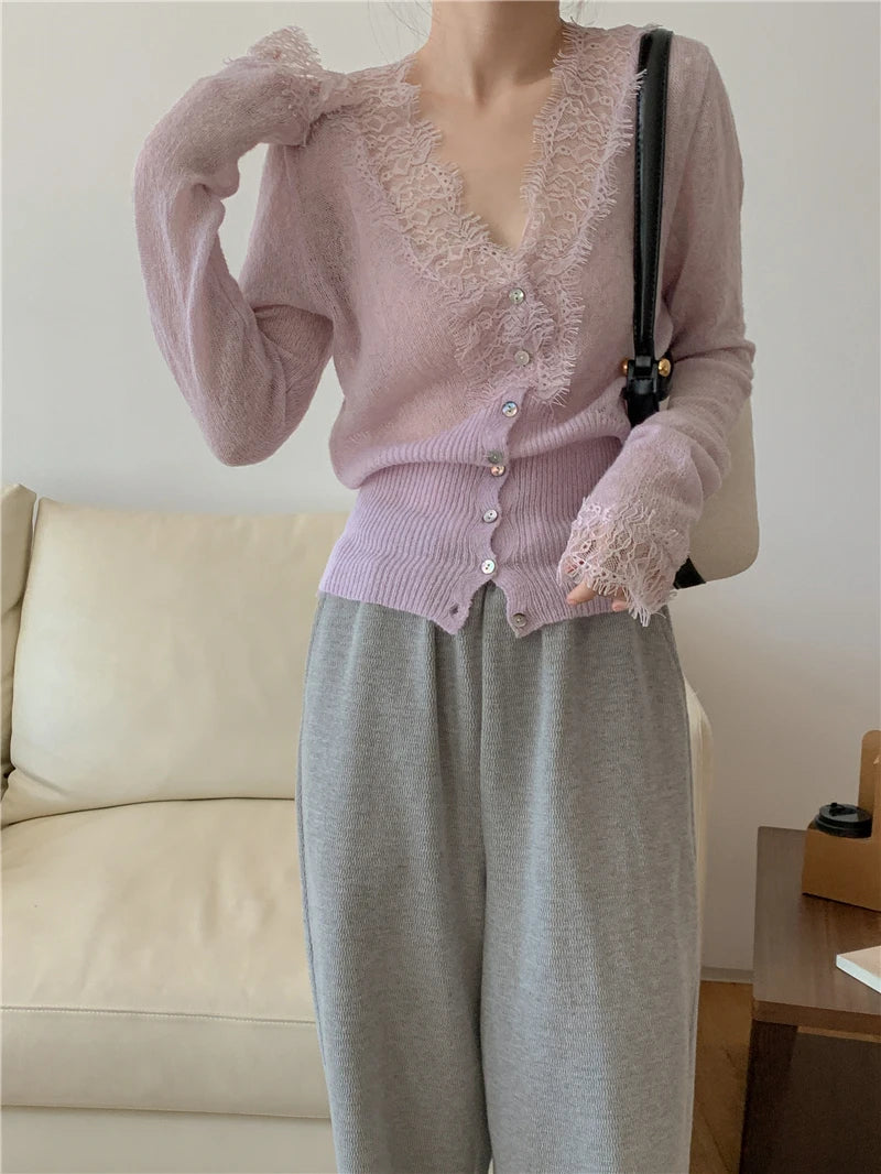 Seoulish Vintage Lace Knitted Cardigans for Women 2026 New Autumn Winter Solid Casual Slim Korean Style Ladies Tops Female
