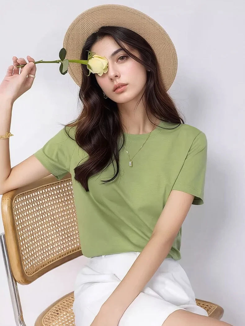 SuyaDream Women Solid T shirts, Silk Cotton Blend, O Neck, Short Sleeved Solid Tee,2026 Summer Candy Colors Basic Cozy Top Green