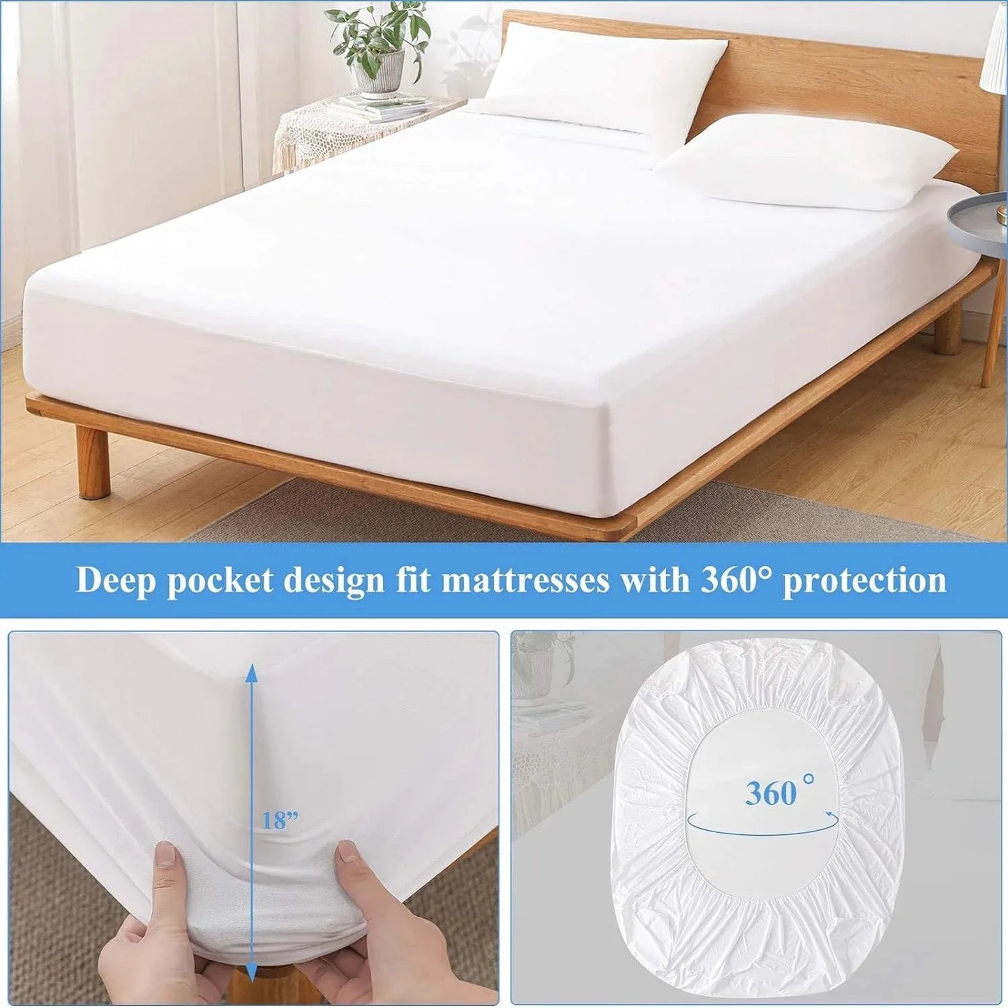 Waterproof Mattress Protector - Fitted with Stretchable Pockets - Machine Washable Cotton Mattress Cover for Bed - White