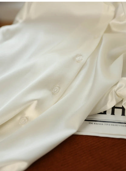 Spring Autumn Elegant Satin Women's Blouse 2026 New Long Sleeve Turn-down Collar Korean Casual Loose Office Lady Shirts Female