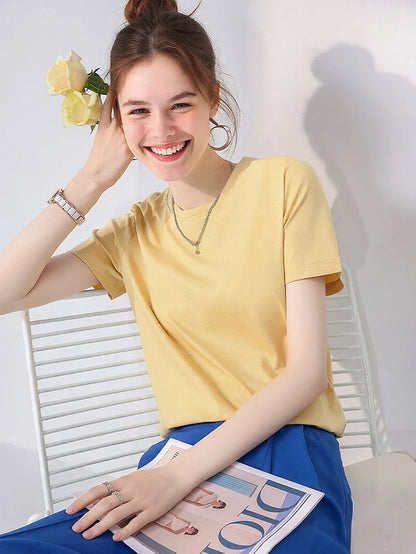 SuyaDream Women Solid T shirts, Silk Cotton Blend, O Neck, Short Sleeved Solid Tee,2026 Summer Candy Colors Basic Cozy Top Green