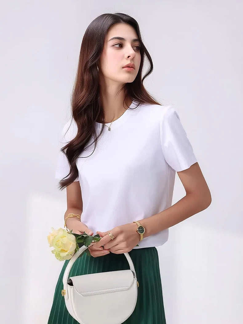 SuyaDream Women Solid T shirts, Silk Cotton Blend, O Neck, Short Sleeved Solid Tee,2026 Summer Candy Colors Basic Cozy Top Green