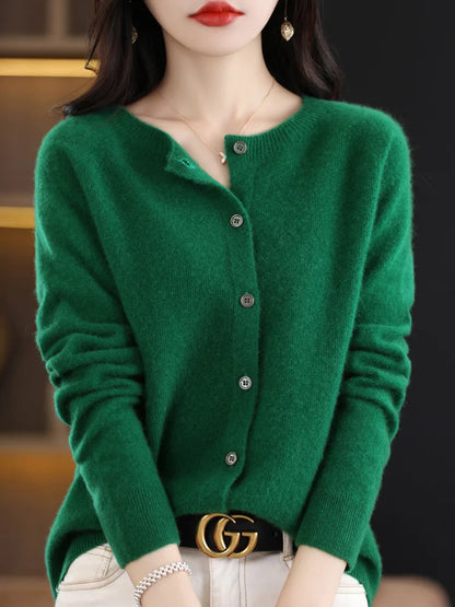 2026 New Chic Women's Basic O-neck Cardigan 100% Merino Wool Sweater Soft Grace Knitwear CoatSpring Autumn Female Clothes Tops