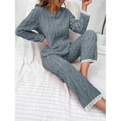 Autumn Winter Pajama Set for Women's Velvet Warm Casual Tops and Long Trousers Set Home Wear Sleepwear Loungewear
