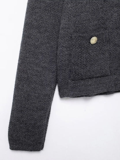 Women's Winter Slim Short Knitted Cardigan Jacket Retro Round Neck Gold Breasted Decoration Elegant Women's Casual Jacket