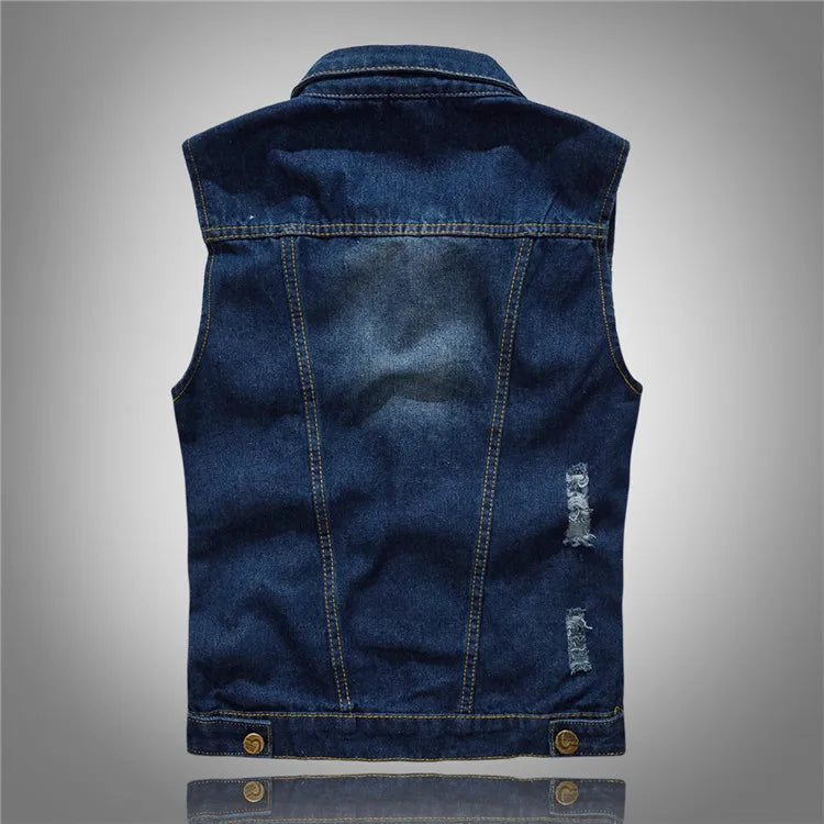 Men Slim Denim Vests Waistcoats Jackets Fashion Male Blue Fit Denim Coats Vests Large Size Punk Style Holes Jeans Vest Size 6XL