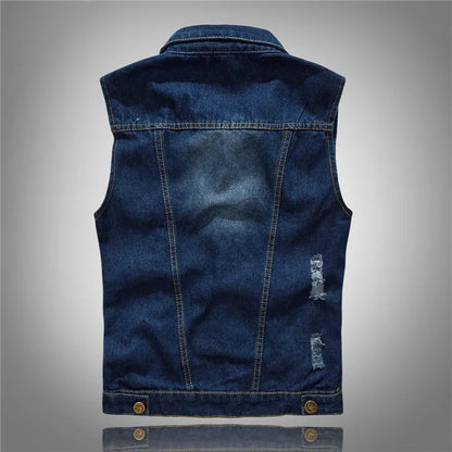 Men Slim Denim Vests Waistcoats Jackets Fashion Male Blue Fit Denim Coats Vests Large Size Punk Style Holes Jeans Vest Size 6XL