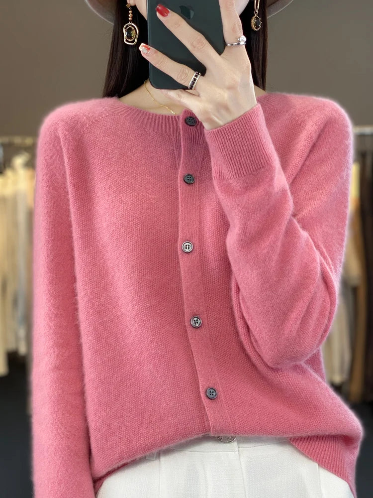 2026 New Chic Women's Basic O-neck Cardigan 100% Merino Wool Sweater Soft Grace Knitwear CoatSpring Autumn Female Clothes Tops