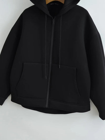 HH 2026 Casual Women's Soild Zipper Hoodie Long Sleeve Big Pocket Zipper Jacket With Hood Female Loose Outerwear Coat Tops