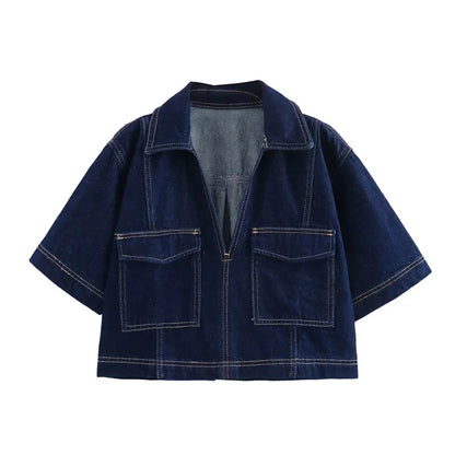Blue Denim Shirt Woman Short Sleeve Cropped Shirt Women Summer Short Tops Woman Streetwear Y2k Stylish Women's Blouses