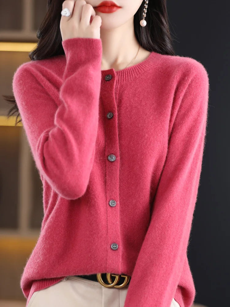 2026 New Chic Women's Basic O-neck Cardigan 100% Merino Wool Sweater Soft Grace Knitwear CoatSpring Autumn Female Clothes Tops