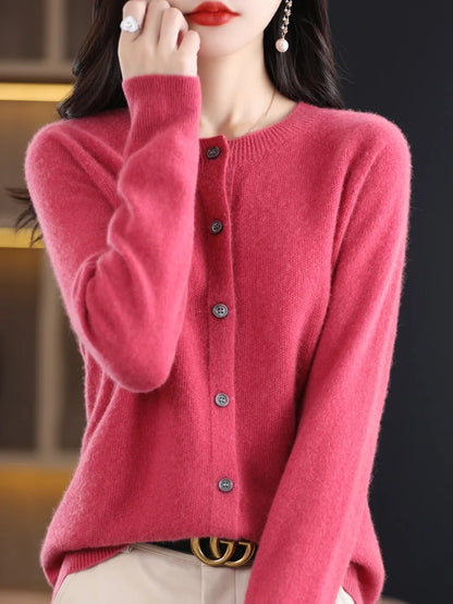 2026 New Chic Women's Basic O-neck Cardigan 100% Merino Wool Sweater Soft Grace Knitwear CoatSpring Autumn Female Clothes Tops