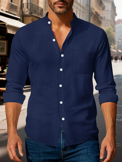 Autumn men's clothing 2025 new item men's solid color cotton and linen shirt stand up collar cardigan long sleeved casual busine