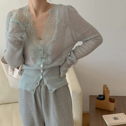 Seoulish Vintage Lace Knitted Cardigans for Women 2026 New Autumn Winter Solid Casual Slim Korean Style Ladies Tops Female