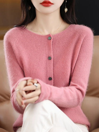 2026 New Chic Women's Basic O-neck Cardigan 100% Merino Wool Sweater Soft Grace Knitwear CoatSpring Autumn Female Clothes Tops