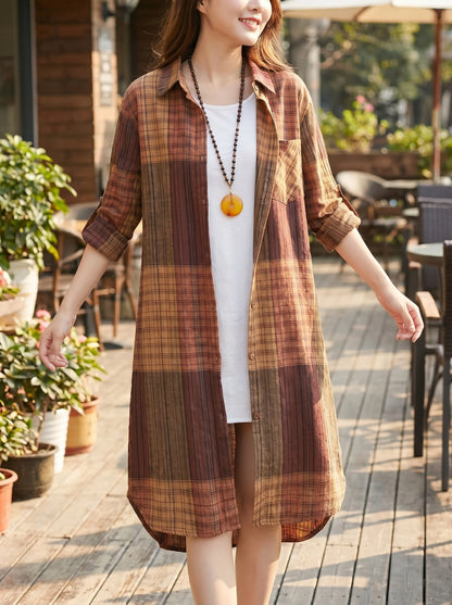New Women's Casual Fashion blouse temperament popular Shirt Plaid Lapel Loose Button Cardigan Top Suitable For Spring And Autumn