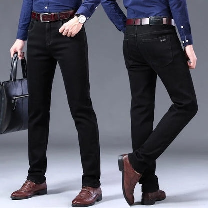 2025 New business casual Trousers Grey Fleece Men Clothes Black Elasticity Warm Winter Jeans Velvet Jeans
