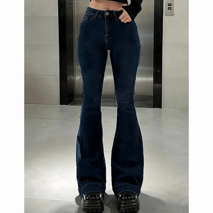 Girls Concise Ins High Waist Flared Jeans Female Stretchy Bootcut Denim Pants Women Solid Color Thin Bell Bottoms Trousers