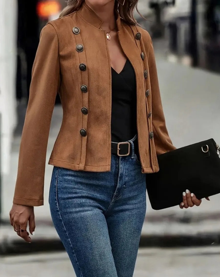  Women Faux Suede Jacket Open Front Jacket Coat Double-Breasted Buttons Casual Outerwear