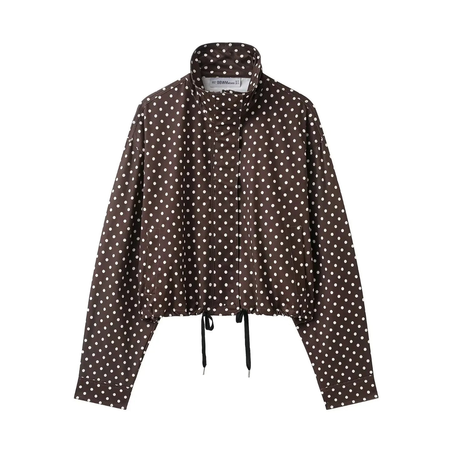Woman Autumn Long Sleeves Turtleneck Zipper With Pockets Drawstring Casual Coats Women Fashion Polka Dot Printed Jacket