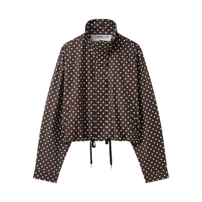 Woman Autumn Long Sleeves Turtleneck Zipper With Pockets Drawstring Casual Coats Women Fashion Polka Dot Printed Jacket