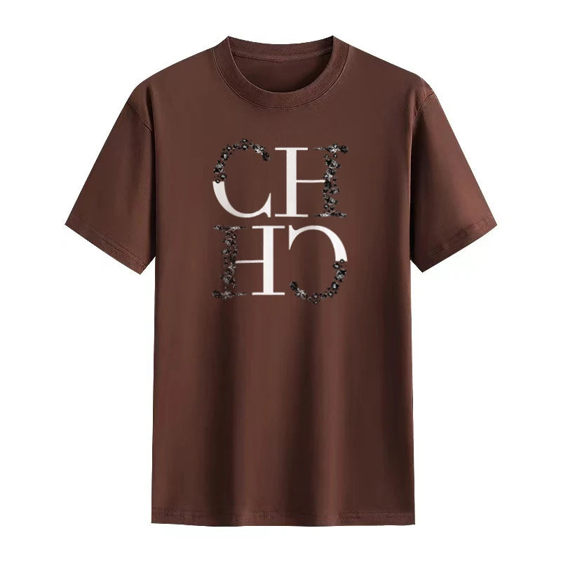 CH Letter Printed Fashionable Black T-shirt Trendy Streetwear Fashionable Men's and Women's Casual Loose Short Sleeved Top