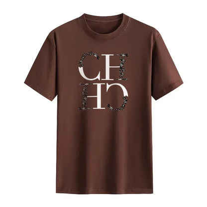 CH Letter Printed Fashionable Black T-shirt Trendy Streetwear Fashionable Men's and Women's Casual Loose Short Sleeved Top