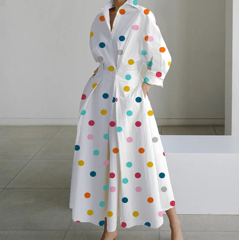 Autumn Dress Long Sleeve Dot Print Elegant Maxi Dresses For Women 2025 White Casual V Neck Shirt Party Long Dress Robe Femme