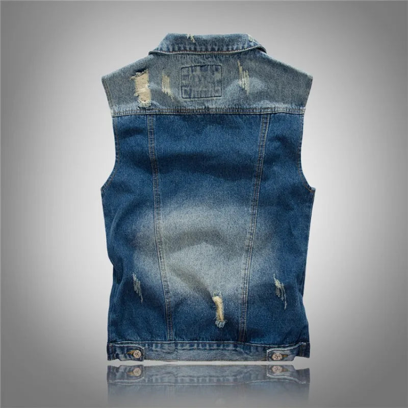 New Fashion Men Light Blue Holes Denim Vests Ripped Denim Sleeveless Jackets Waistcoats Male Cotton Slim Jeans Waistcoats 5XL