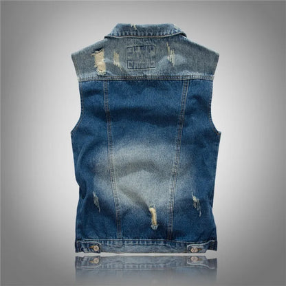 New Fashion Men Light Blue Holes Denim Vests Ripped Denim Sleeveless Jackets Waistcoats Male Cotton Slim Jeans Waistcoats 5XL