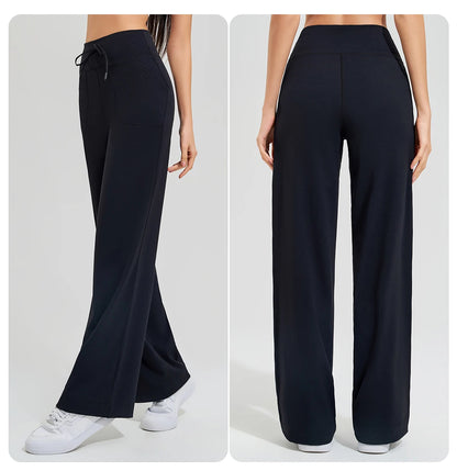 Women's High Waist Yoga Pants Gym Loose Running Yoga Pants Double Side Brushed with Pockets Pants Ties