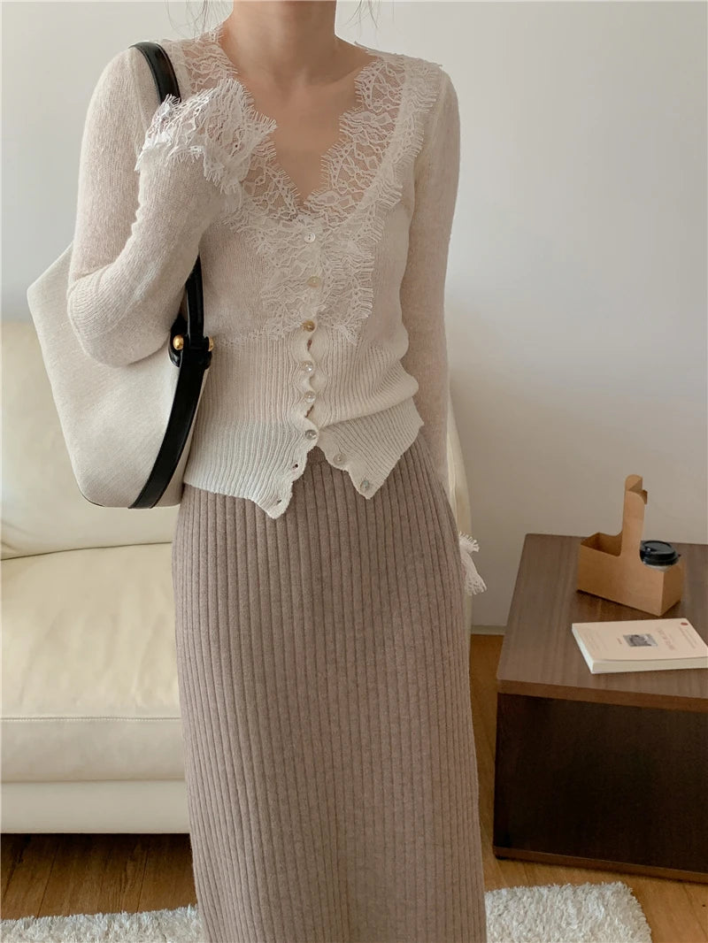 Seoulish Vintage Lace Knitted Cardigans for Women 2026 New Autumn Winter Solid Casual Slim Korean Style Ladies Tops Female