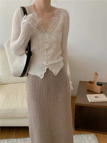 Seoulish Vintage Lace Knitted Cardigans for Women 2026 New Autumn Winter Solid Casual Slim Korean Style Ladies Tops Female