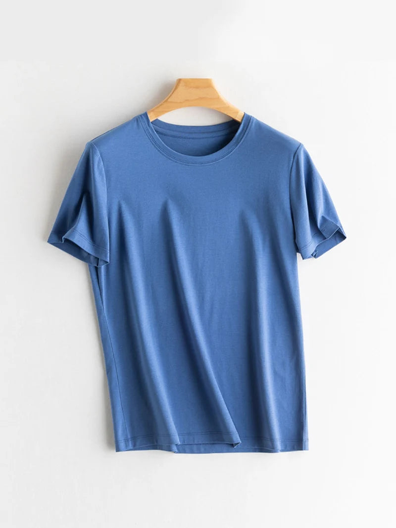 SuyaDream Women Solid T shirts, Silk Cotton Blend, O Neck, Short Sleeved Solid Tee,2026 Summer Candy Colors Basic Cozy Top Green