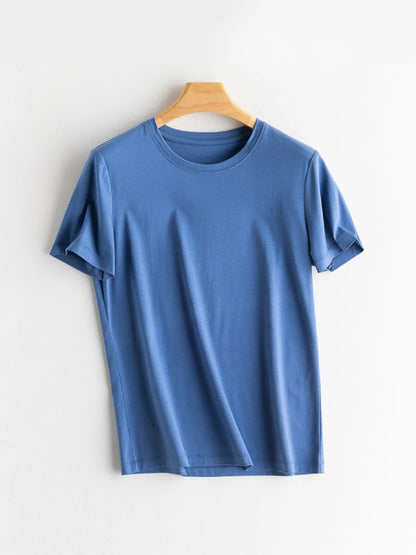 SuyaDream Women Solid T shirts, Silk Cotton Blend, O Neck, Short Sleeved Solid Tee,2026 Summer Candy Colors Basic Cozy Top Green