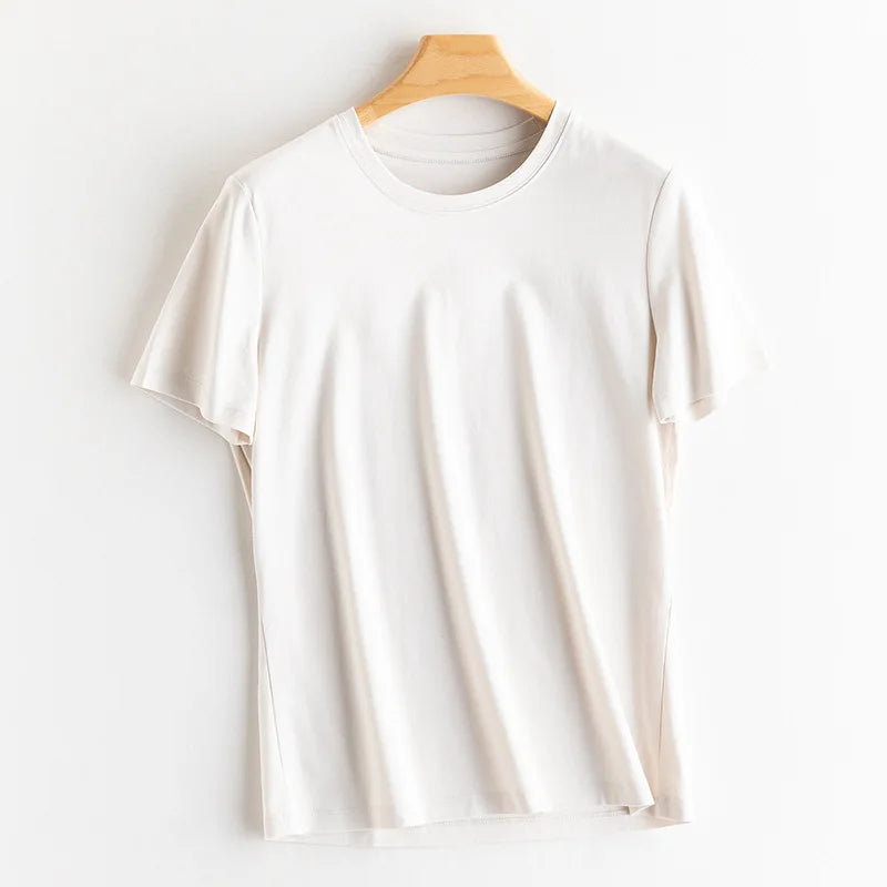 SuyaDream Women Solid T shirts, Silk Cotton Blend, O Neck, Short Sleeved Solid Tee,2026 Summer Candy Colors Basic Cozy Top Green