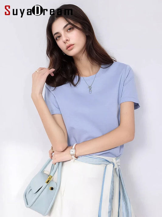 SuyaDream Women Solid T shirts, Silk Cotton Blend, O Neck, Short Sleeved Solid Tee,2026 Summer Candy Colors Basic Cozy Top Green
