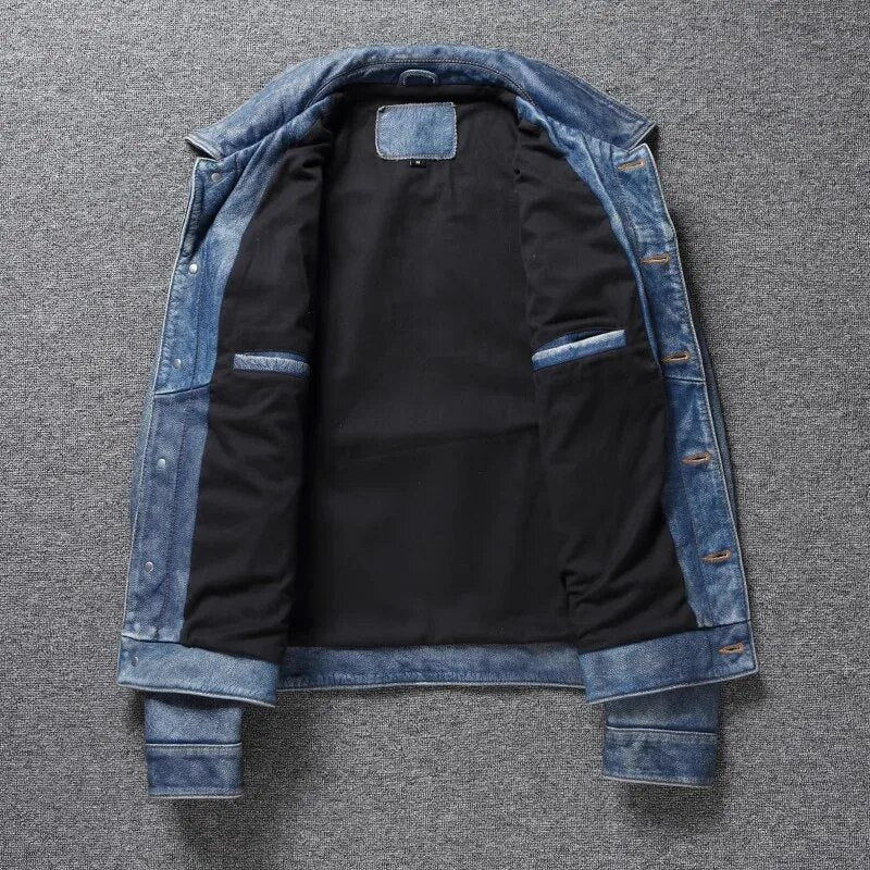 Envío gratis. Chaqueta de cuero vaquera azul Vintage para hombre. Abrigo de piel de vaca ajustado de calidad. 557 paño de cuero genuino ajustado.