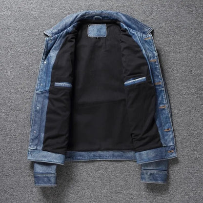 Envío gratis. Chaqueta de cuero vaquera azul Vintage para hombre. Abrigo de piel de vaca ajustado de calidad. 557 paño de cuero genuino ajustado.