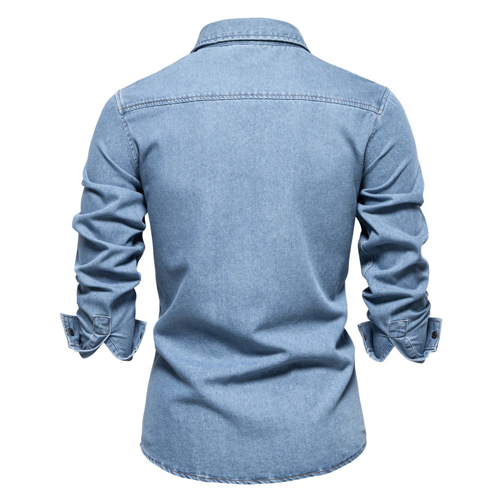 AIOPESON Mens 100% Cotton Denim Shirts Autumn Thick Cowboy High Quality Male Shirt Solid Color Button Casual Jeans Shirt