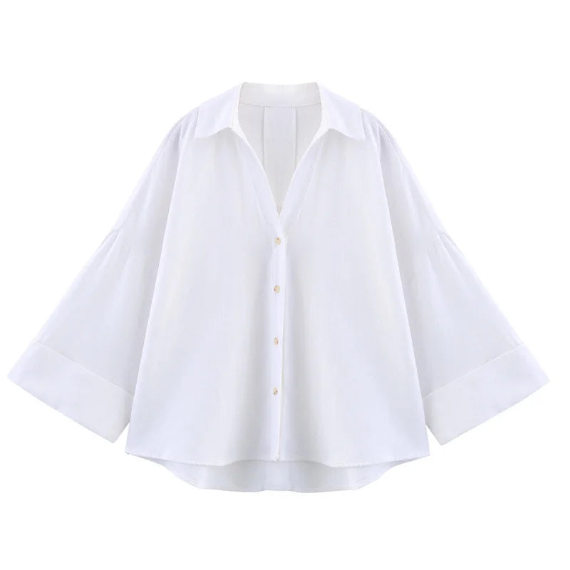 Women's Casual Loose Shirt for Spring/Summer 2026 Collar Button Design Wide Sleeves Minimalist Holiday Style
