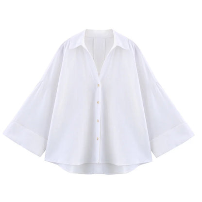 Women's Casual Loose Shirt for Spring/Summer 2026 Collar Button Design Wide Sleeves Minimalist Holiday Style